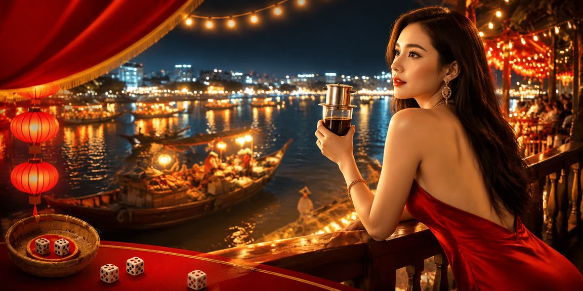 Xúc xắc tài xỉu bên ly cà phê Việt Nam tại Phú Quốc gợi không khí casino sôi động